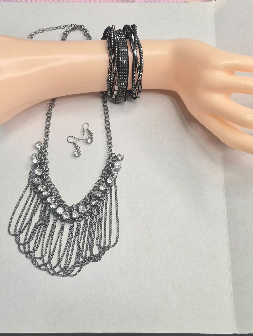 Gunmetal Crystal Fringe Necklace Set with Drop Earrings And Bracelet
